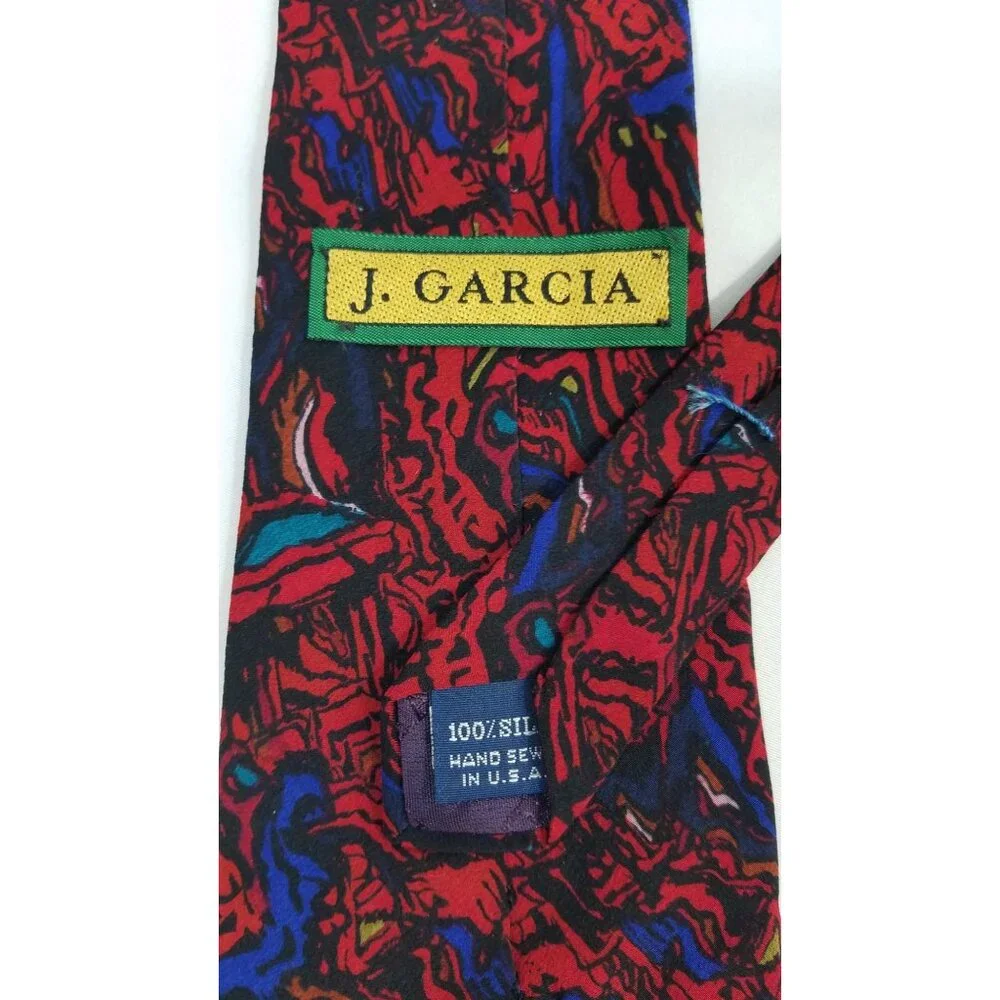 J. Garcia Mens Necktie Abstract Red Blue Silk Tie Hand Sewn In USA